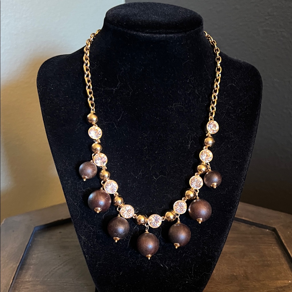 Nwt. Kate Spade, Elegant Faux Diamond & Brown Beaded Necklace On Gold Tone Chain